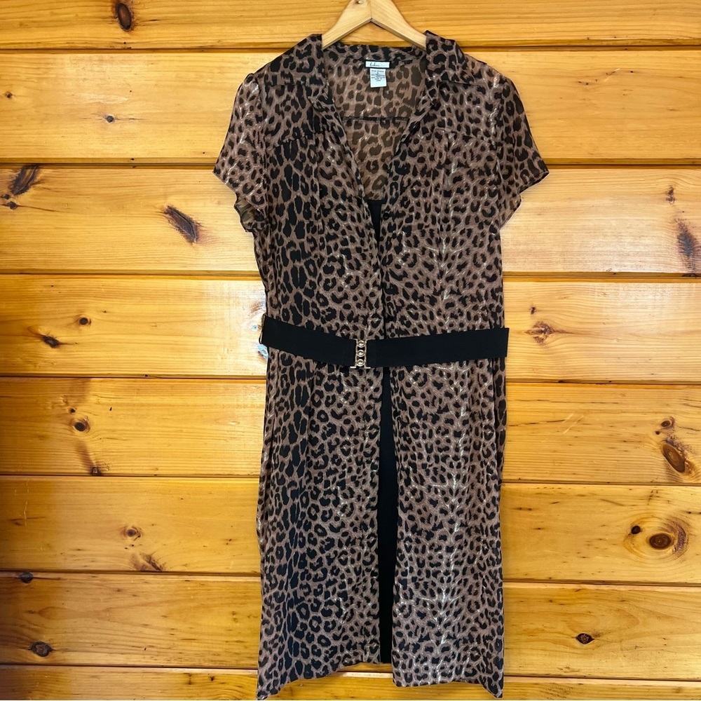 VTG BELIEVE 2 Piece Leopard Print Button Down Sheer Dress with Belt 16